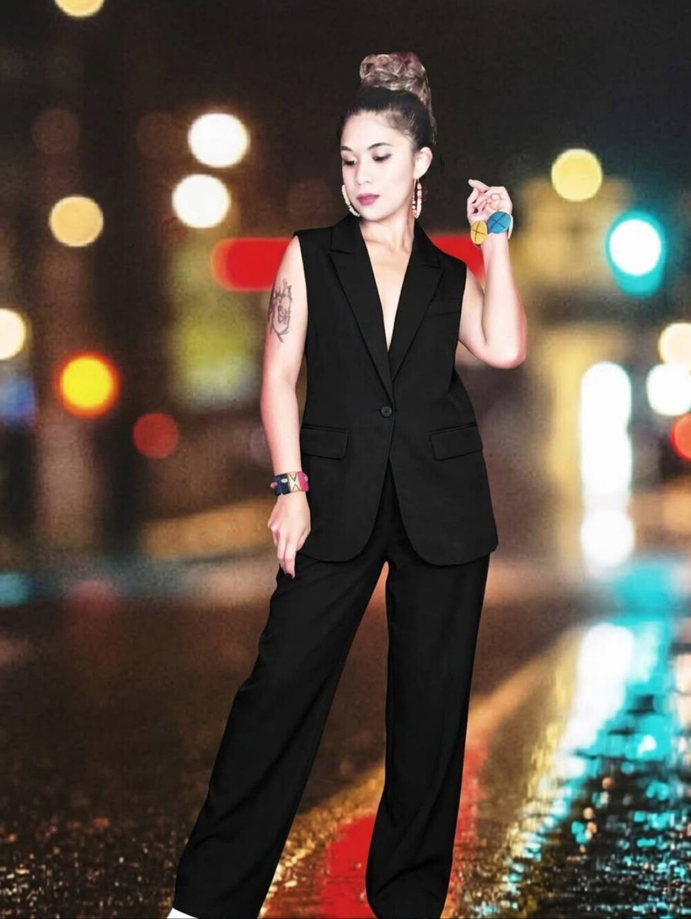 2pcs Sleeveless Black Tailored Vest & Wide-Leg Pants Set
